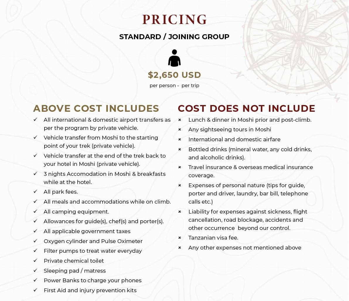RLAT 8 Day Lemosho Route Standard Price