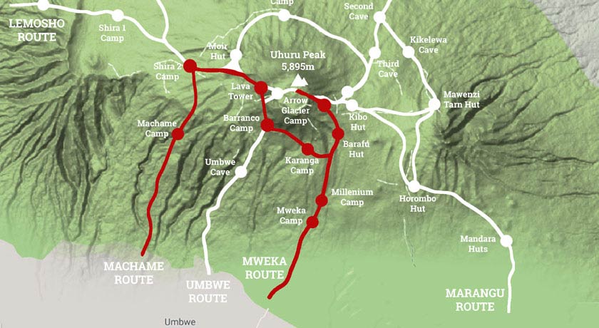 Machame Route map on Mount Kilimanjaro